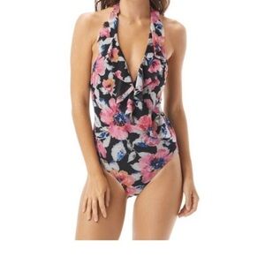 Carmen Marc Valvo Ruffle Surplice Halter Top One-Piece Swimsuit Size 8